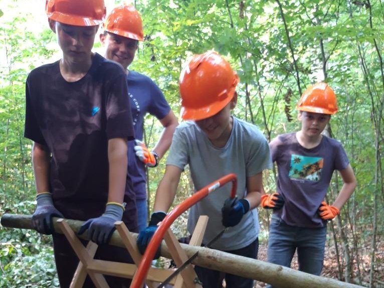 Schüler sägen Holz